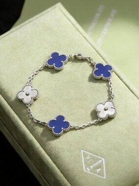 Van Cleef & Arpels VCA Alhambra 6 Motifs Bracelet, 18K White Gold, Blue Agate &